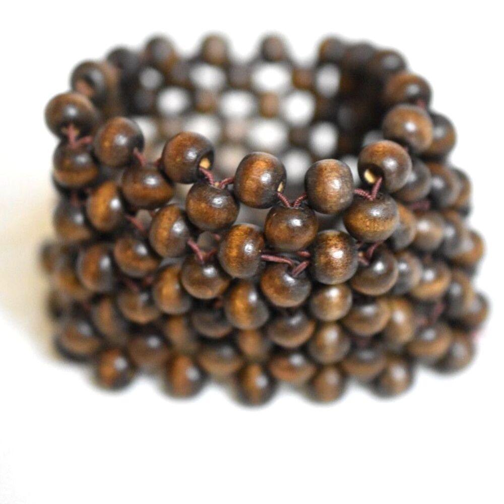 Vintage Boho Wooden Macrame Beaded 6" Stretch Statement Bracelet